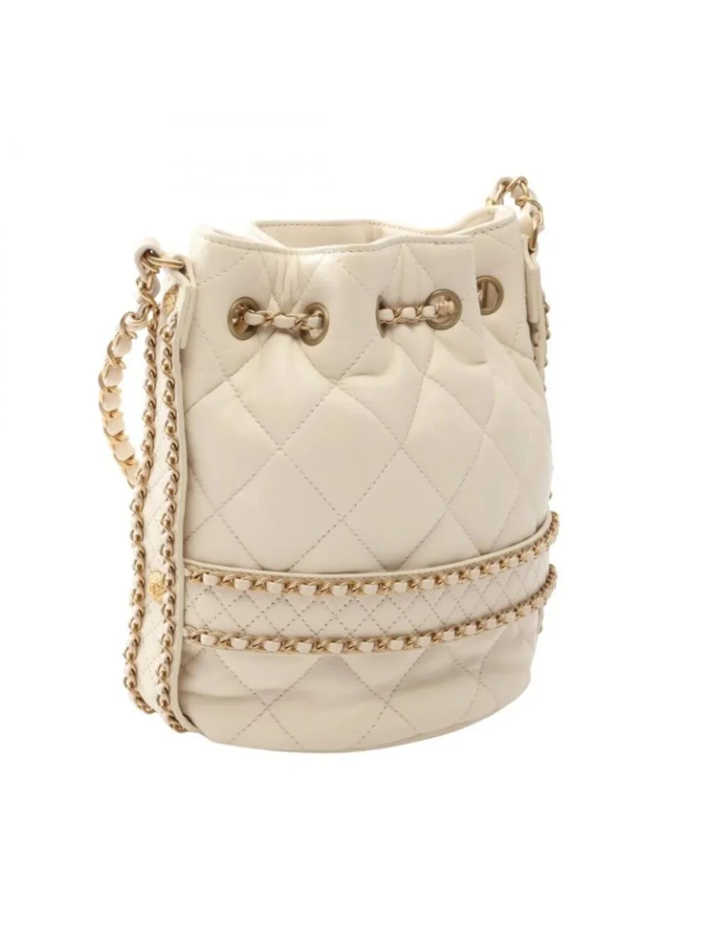 Chanel Shoulder Bag Quilted Drawstring Off White Lambskin